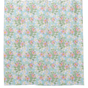 Pretty Pink Dog Roses on Sky Blue Floral Pattern Shower Curtain