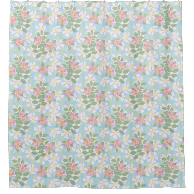 Pretty Pink Dog Roses on Sky Blue Floral Pattern Shower Curtain (Front)
