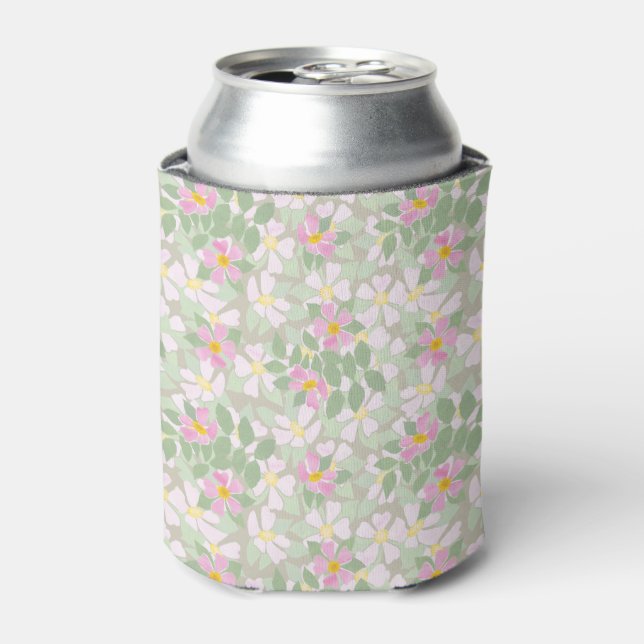 Pretty Pink Dog Roses on Taupe Can Cooler (Can Front)
