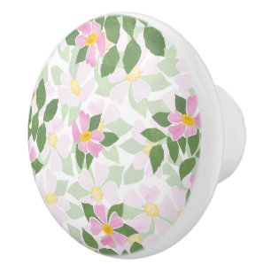 Pretty Pink Dog Roses on White Pattern Ceramic Knob