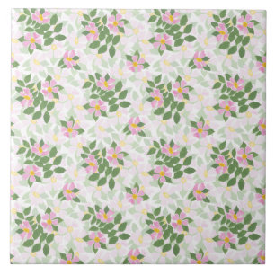 Pretty Pink Dog Roses on White Pattern Tile