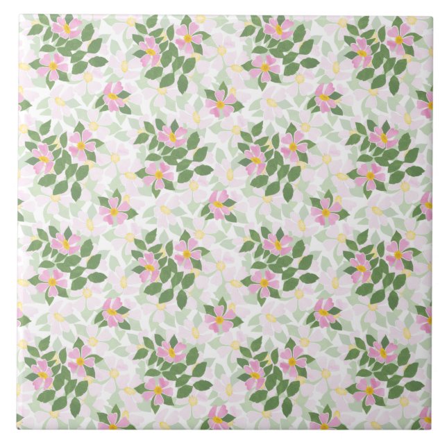 Pretty Pink Dog Roses on White Pattern Tile (Front)