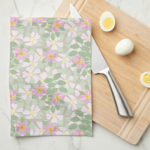 Pretty Pink Dogroses on Taupe Kitchen Towel