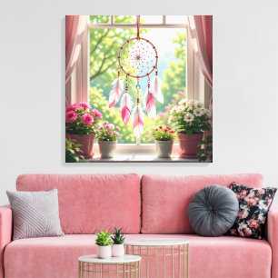 Pretty Pink Dreamcatcher and Plants Window Sill Canvas Print