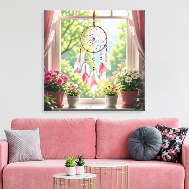 Pretty Pink Dreamcatcher and Plants Window Sill Canvas Print (Insitu(LivingRoom))