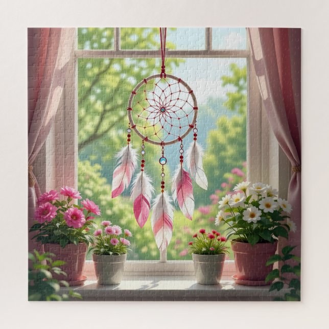 Pretty Pink Dreamcatcher and Plants Window Sill Jigsaw Puzzle (Vertical)