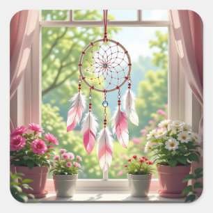 Pretty Pink Dreamcatcher and Plants Window Sill Square Sticker