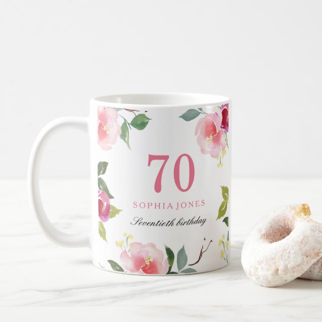 Pretty Pink Elegant Floral 70th Birthday Gift Coffee Mug (With Donut)