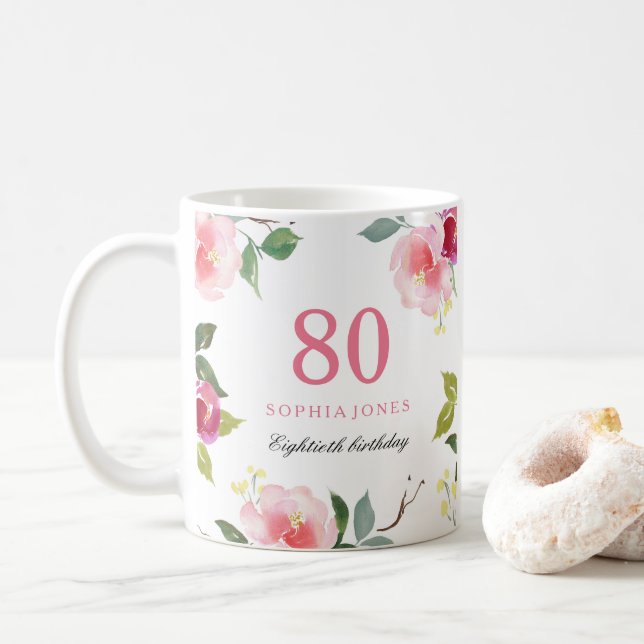 Pretty Pink Elegant Floral 80th Birthday Gift Coffee Mug (With Donut)
