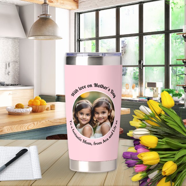 Pretty Pink Elegant Mother's Day Custom Photo Chic Insulated Tumbler (A pretty pink thermal tumbler for Mother's Day, with custom photo and text)