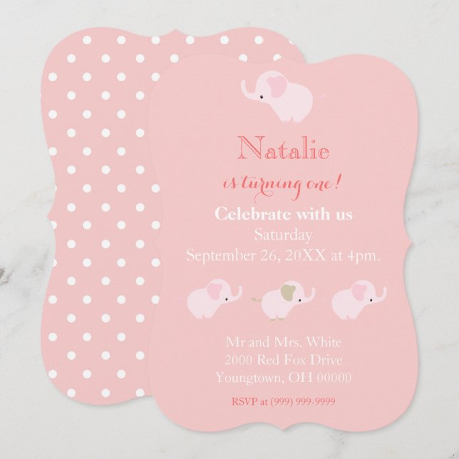 Pretty Pink Elephants Baby Girl First Birthday Invitation (Front/Back)