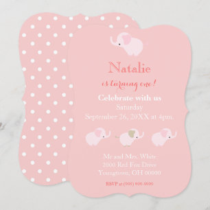 Pretty Pink Elephants Baby Girl First Birthday Invitation