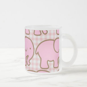 Pretty Pink Elephants on Pink Plaid Pattern Frosted Glass Coffee Mug