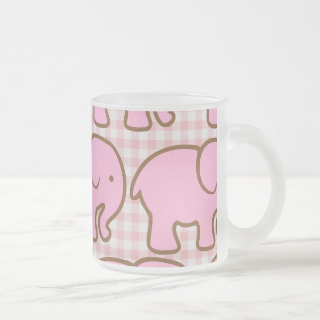 Pretty Pink Elephants on Pink Plaid Pattern Frosted Glass Coffee Mug (Right)
