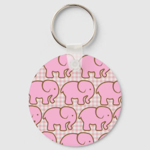 Pretty Pink Elephants on Pink Plaid Pattern Key Ring