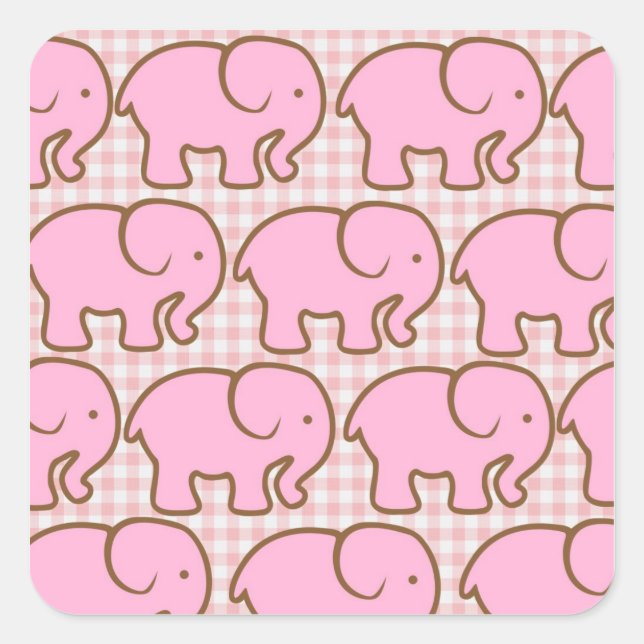 Pretty Pink Elephants on Pink Plaid Pattern Square Sticker (Front)