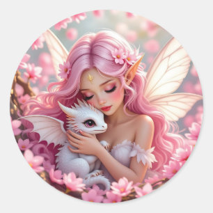 Pretty Pink Elven Fairy & Dragon Classic Round Sticker