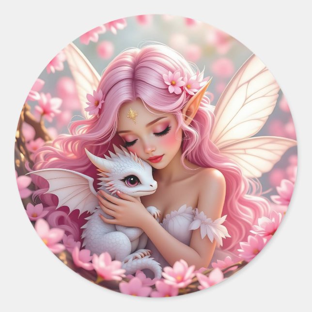 Pretty Pink Elven Fairy & Dragon  Classic Round Sticker (Front)