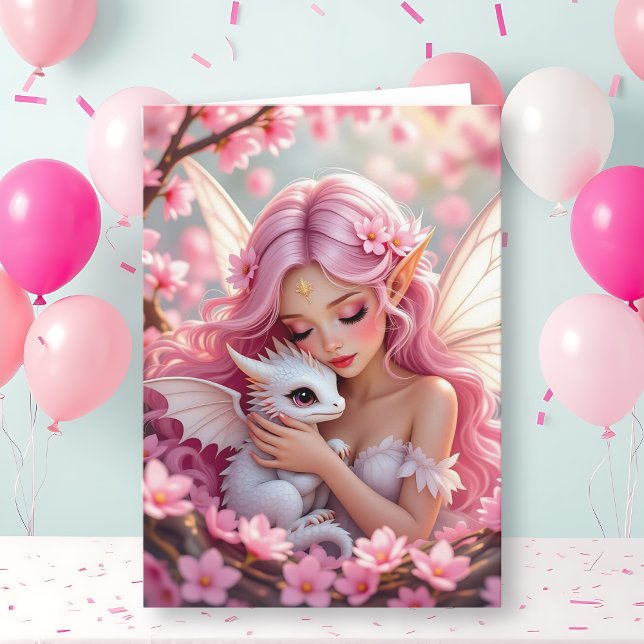 Pretty Pink Elven Fairy & Dragon | Happy Birthday Card (Creator Uploaded)