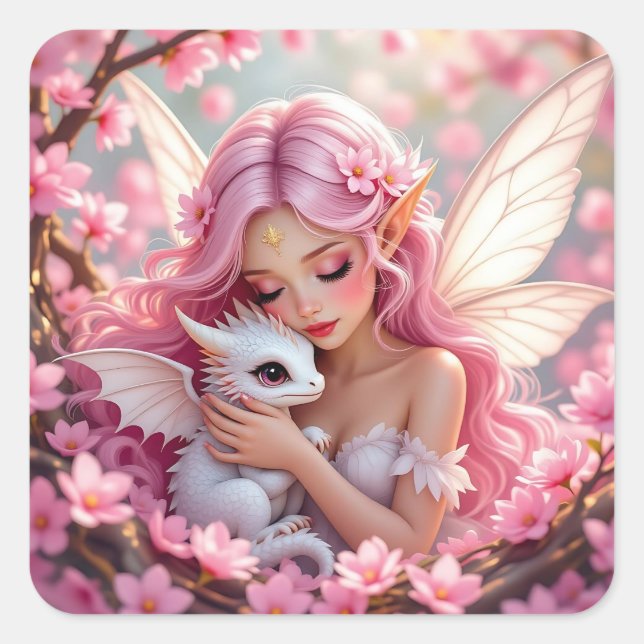 Pretty Pink Elven Fairy & Dragon  Square Sticker (Front)