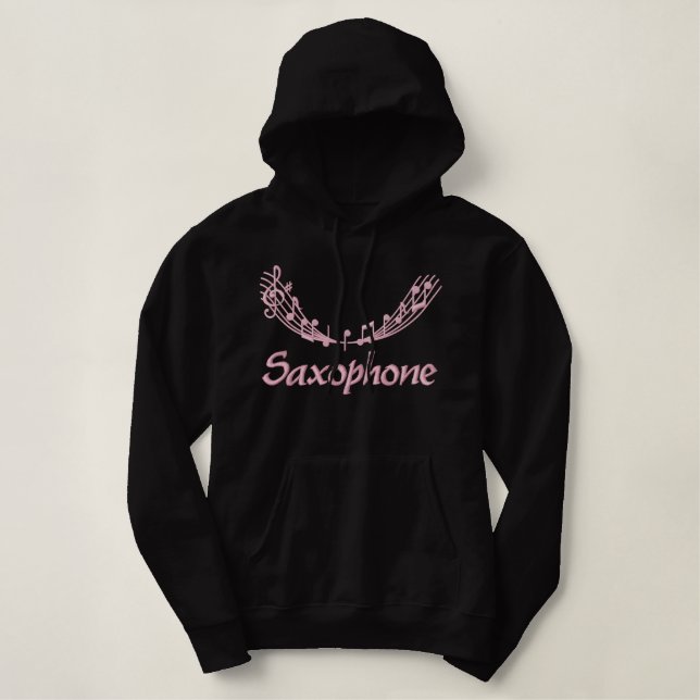 Pretty Pink Embroidery Saxophone Hoodie (Design Front)