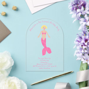 Pretty Pink Fantasy Mermaid Custom Birthday Party Acrylic Invitations