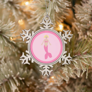 Pretty Pink Fantasy Mermaid Snowflake Pewter Christmas Ornament