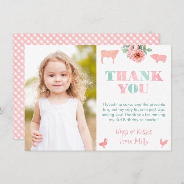 Pretty Pink Farm Animals Girl Birthday Party Photo Thank You Card (Front/Back)