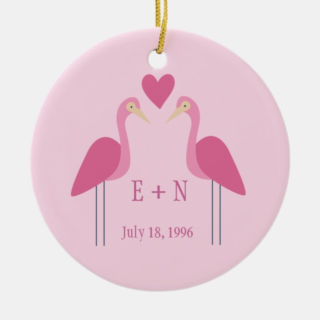 Pretty Pink Flamingo Cute Wedding Anniversary Gift Ceramic Tree Decoration (Front)
