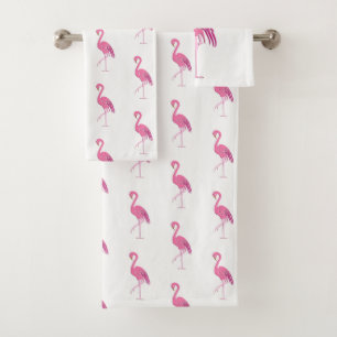 Pretty pink flamingo, fuchsia and white bath towel set