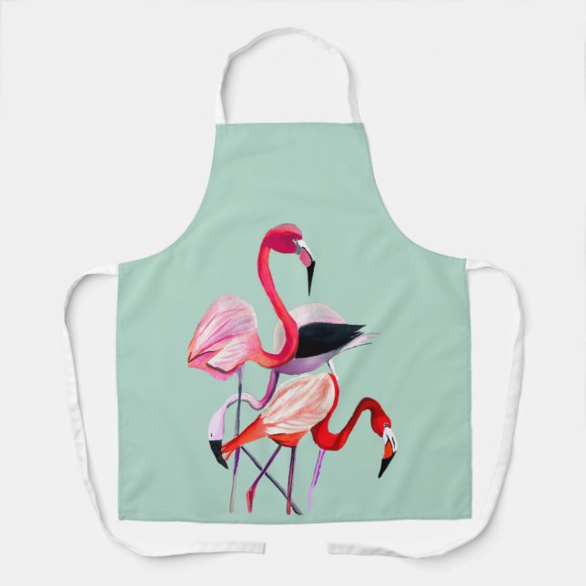 Pretty pink flamingo on blue apron (Front)