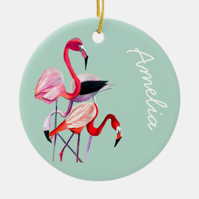 Pretty pink flamingo on blue ceramic tree decoration (Front)