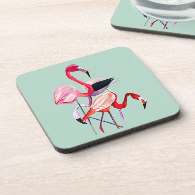 Pretty pink flamingo on blue coaster (Left Side)