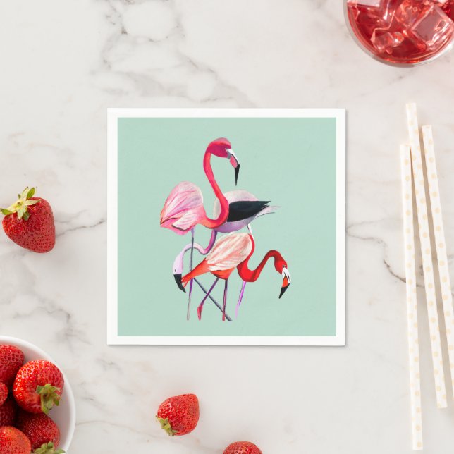 Pretty pink flamingo on blue napkin (Insitu)