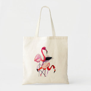 Pretty pink flamingo on blue tote bag