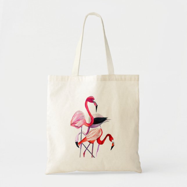 Pretty pink flamingo on blue tote bag (Front)