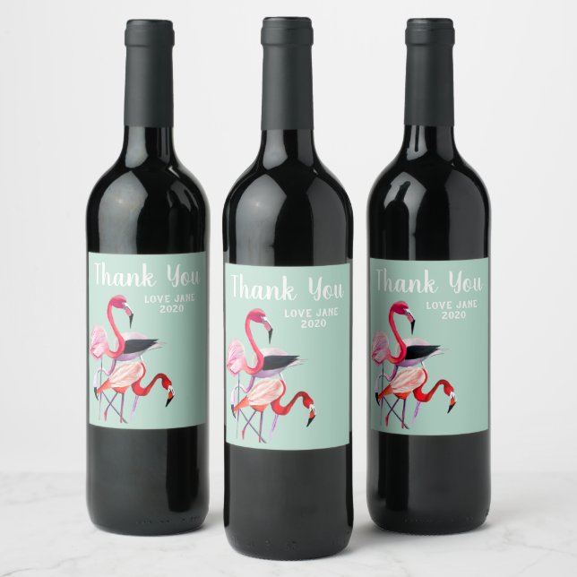 Pretty pink flamingo on blue wine label (Bottles)