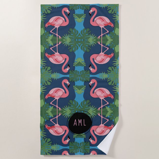 Pretty Pink Flamingo with Name Beach Towel (Front)