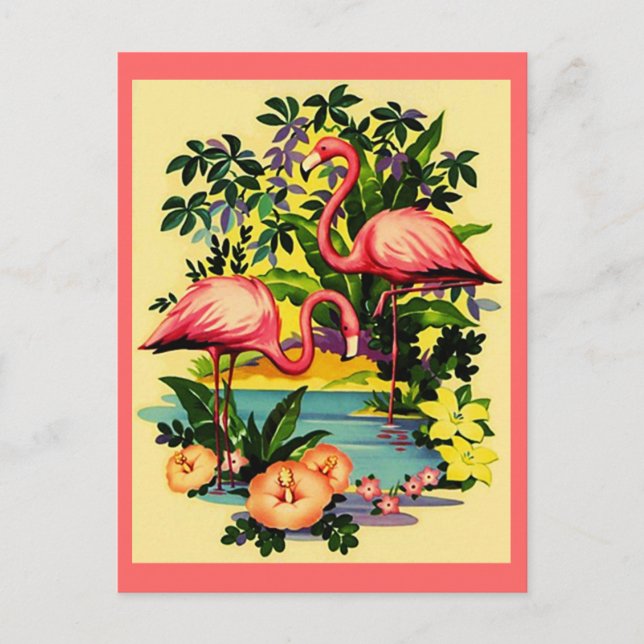 PRETTY PINK FLAMINGOS IN TROPICAL FOREST POSTCARD (Front)