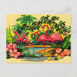 PRETTY PINK FLAMINGOS IN TROPICAL FOREST POSTCARD