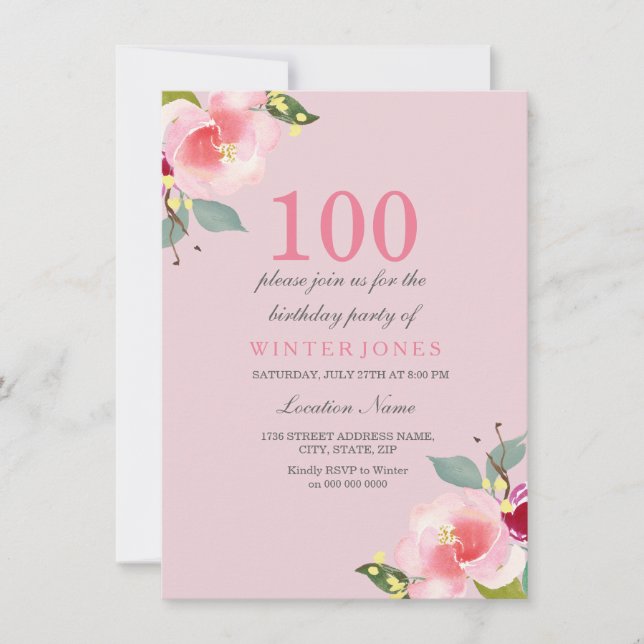 Pretty Pink Floral 100th Birthday Party Invitation (Front)