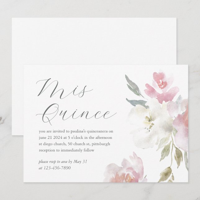 Pretty Pink Floral 15 Years Birthday Quinceañera Invitation (Front/Back)