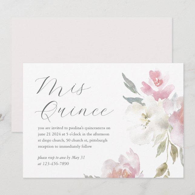 Pretty Pink Floral 15 Years Birthday Quinceañera Invitation (Front/Back)