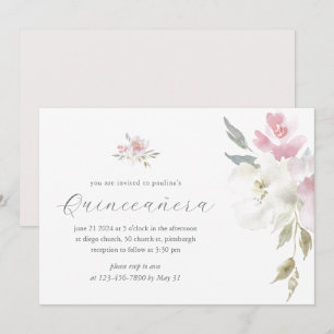 Pretty Pink Floral 15 Years Birthday Quinceañera Invitation
