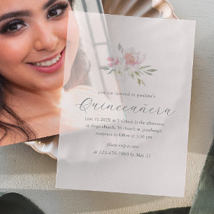 Pretty Pink Floral 15 Years Birthday Quinceañera Vellum Invitations