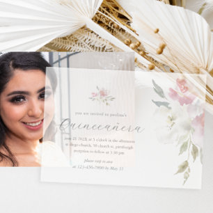 Pretty Pink Floral 15 Years Birthday Quinceañera Vellum Invitations
