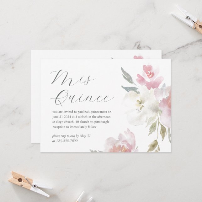 Pretty Pink Floral 15th Birthday Quinceañera Photo Invitation (Front/Back In Situ)