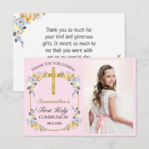 Pretty Pink Floral 1st Holy Communion Thank You  Card