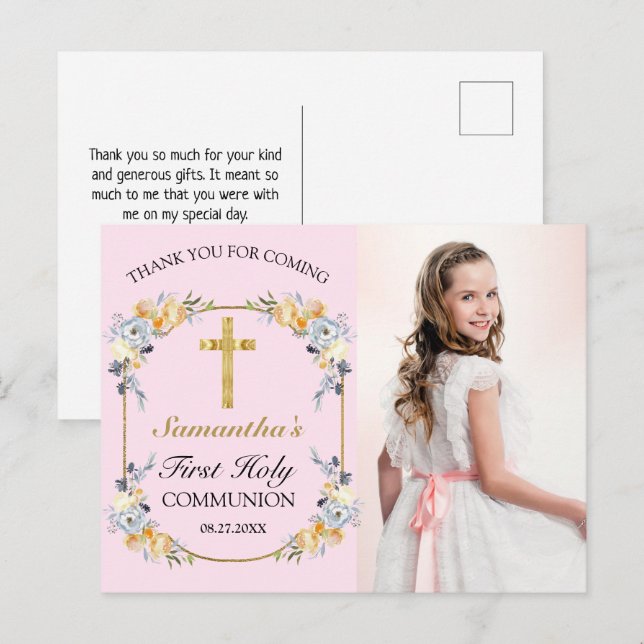 Pretty Pink Floral 1st Holy Communion Thank You Po Postcard (Front/Back)