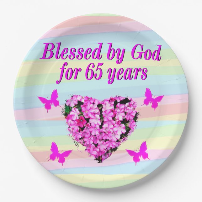 PRETTY PINK FLORAL 65TH BIRTHDAY PAPER PLATES (Front)